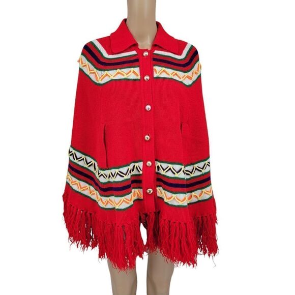 Vintage 70s Red Southwestern Knit Button Down Poncho Hippie Red - Picture 1 of 12